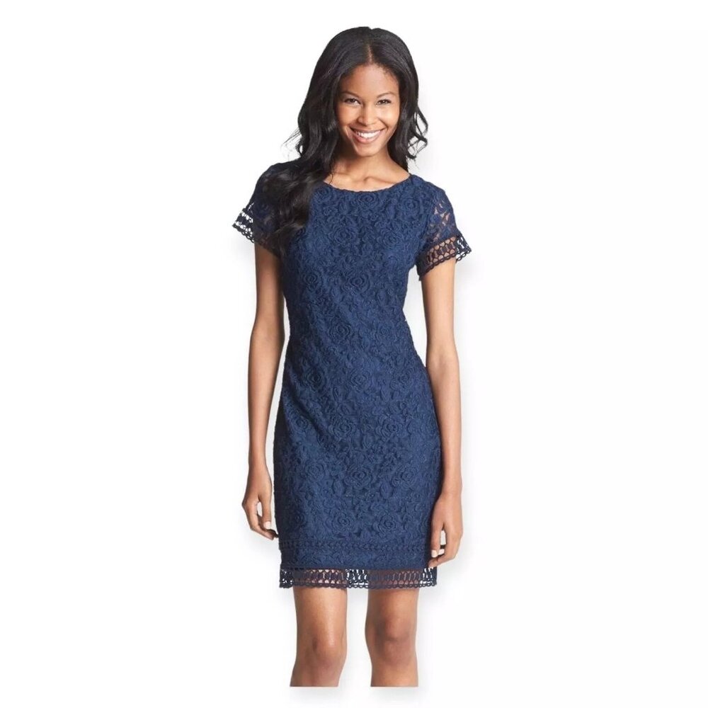 Laundry by Shelli Segal Cocktail Mini Dress Lace Crochet Short Sleeve Navy SZ 6